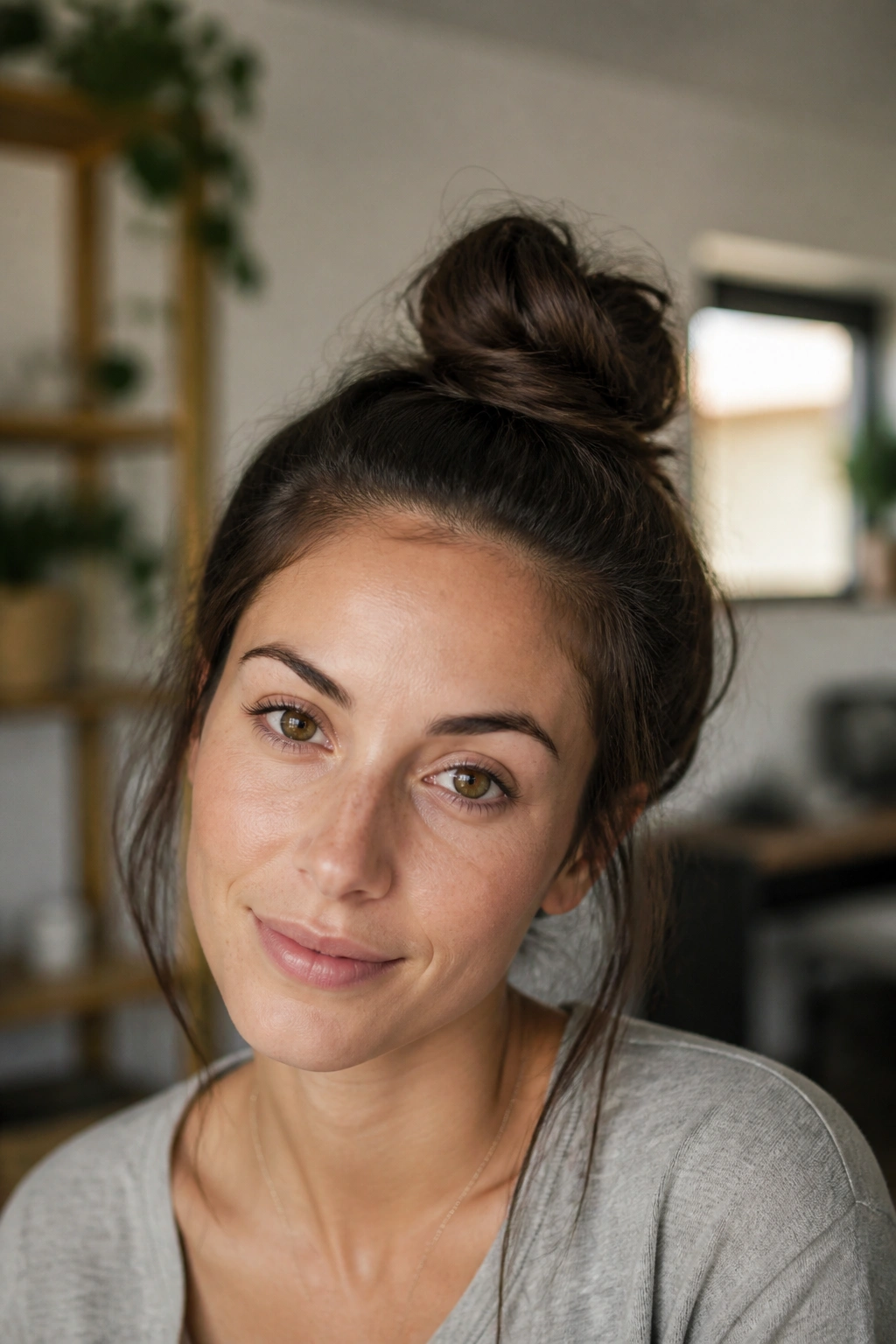 Close-up portrait of a real person with an off-center top knot