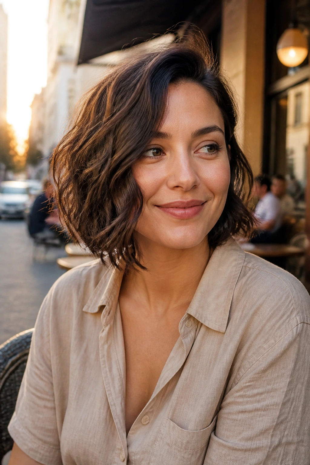 Real woman off-center wavy bob with soft skimming ends