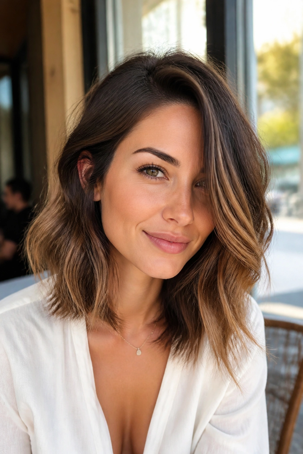 Portrait of a woman with off-center wavy lob and soft ends