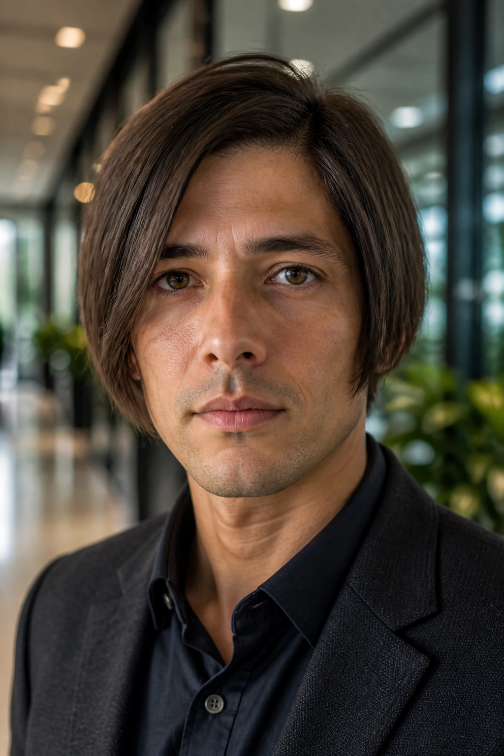 Man with office-friendly inverted bob in a modern office corridor.
