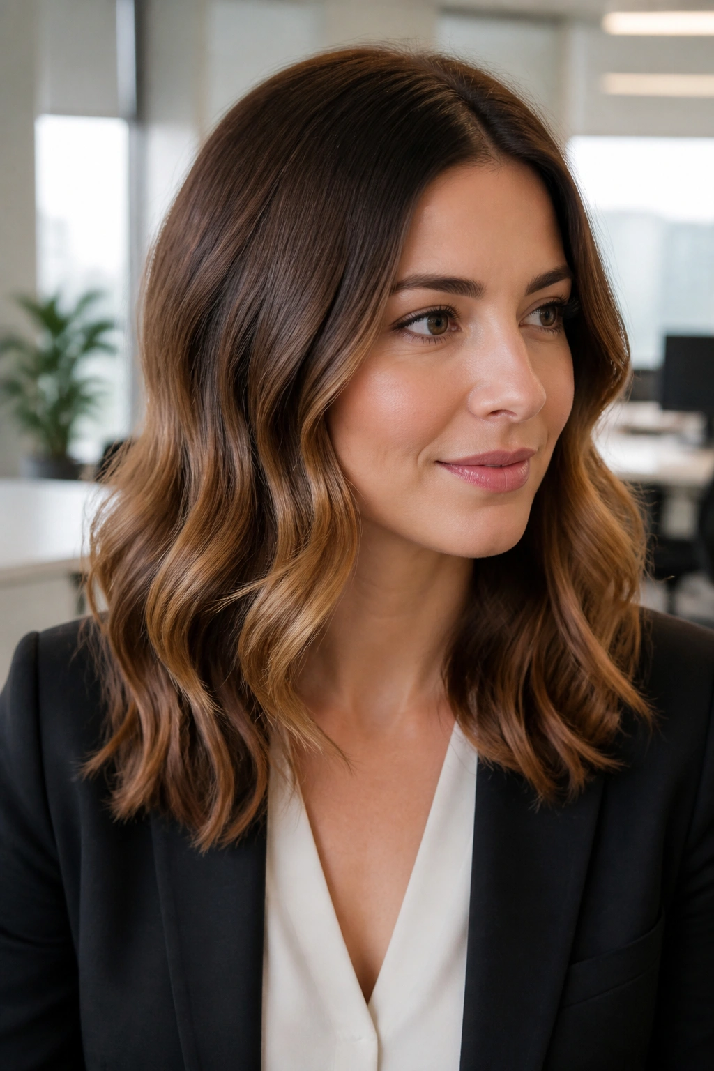 Close-up portrait of a real woman with polished crown waves for a professional look