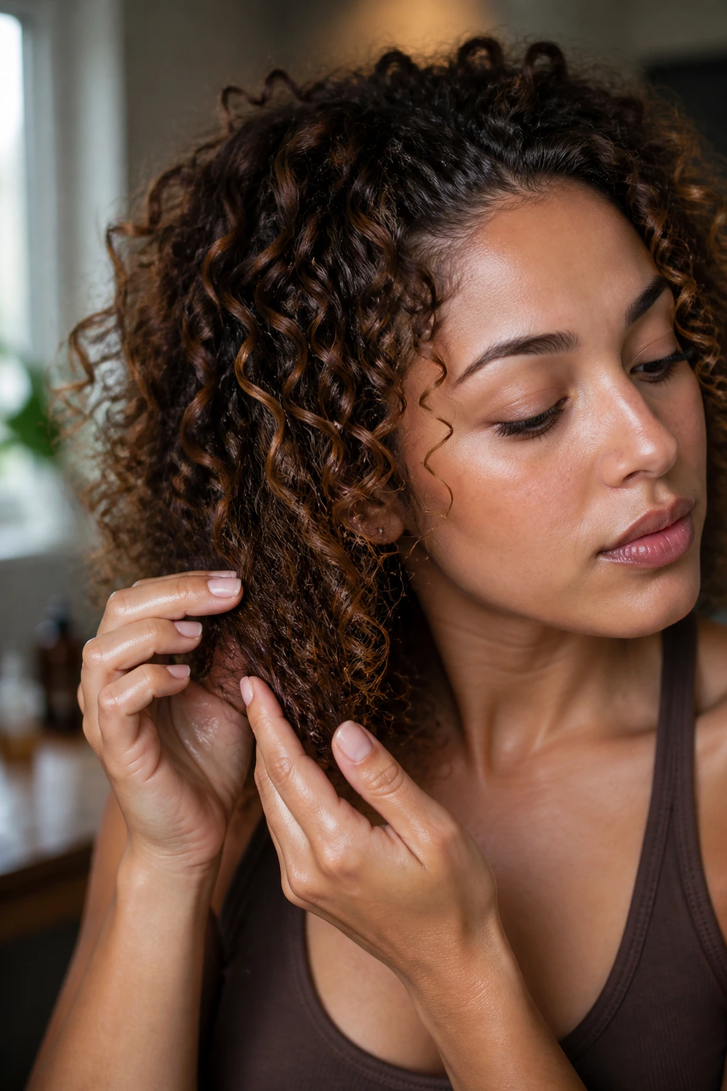 Close-up of a real person applying oil to hair ends with crown smoothing