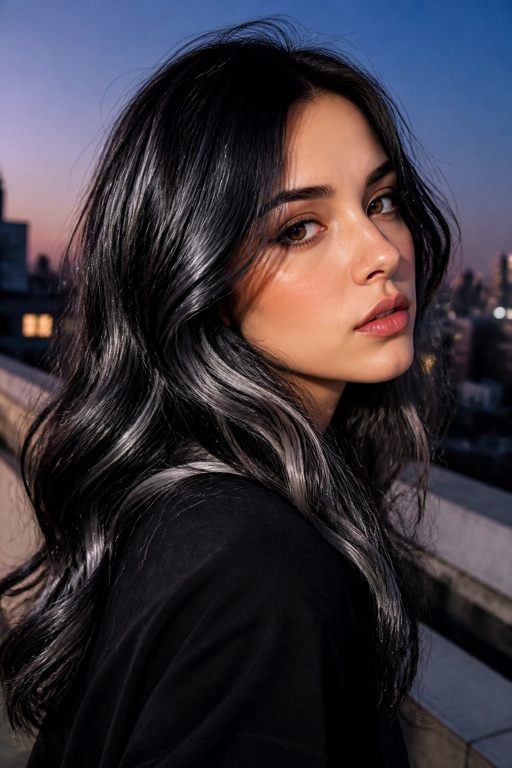 Portrait of a person with glossy black hair and silver flashes catching light