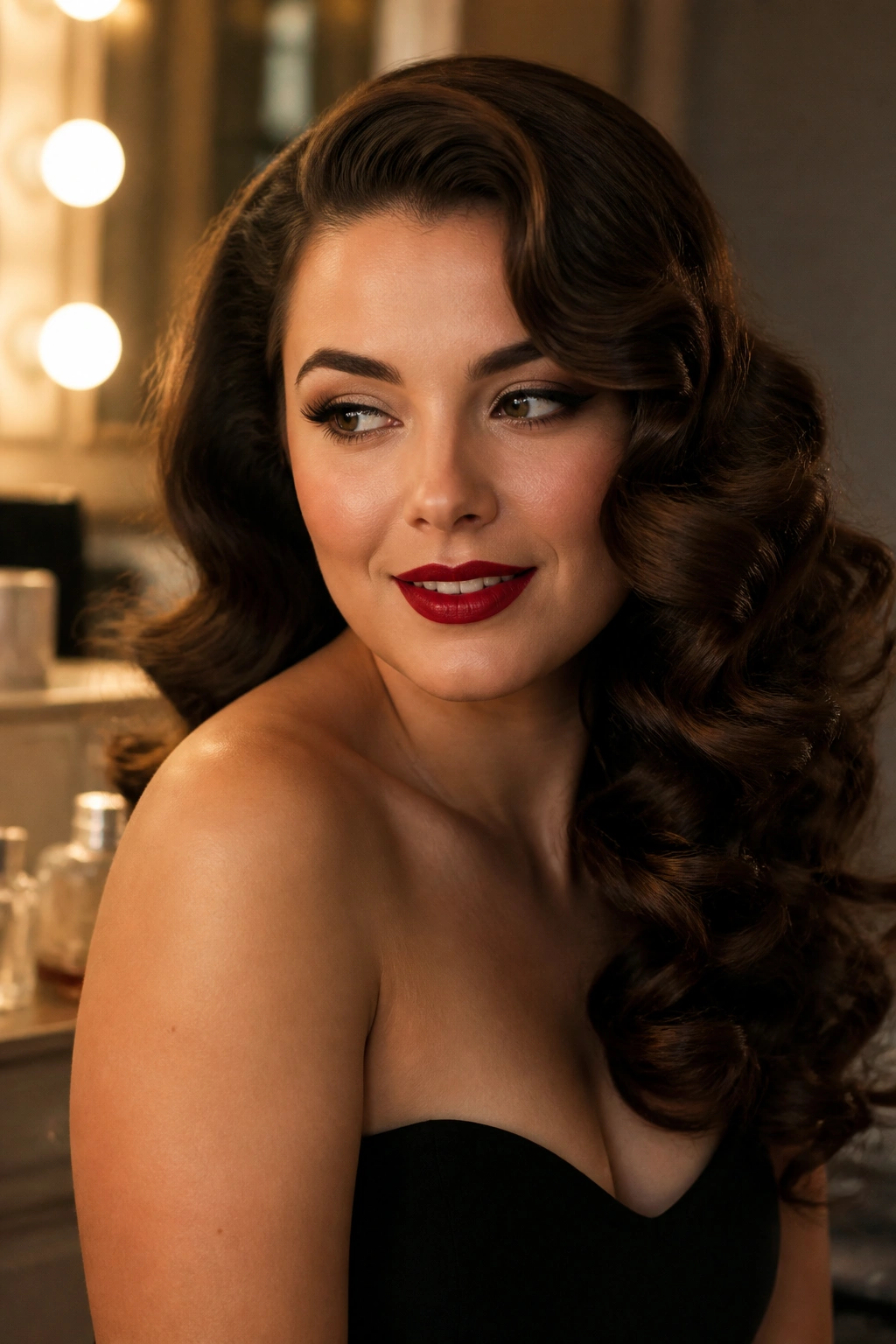 Close-up of a woman with old-Hollywood long curls swept to one side