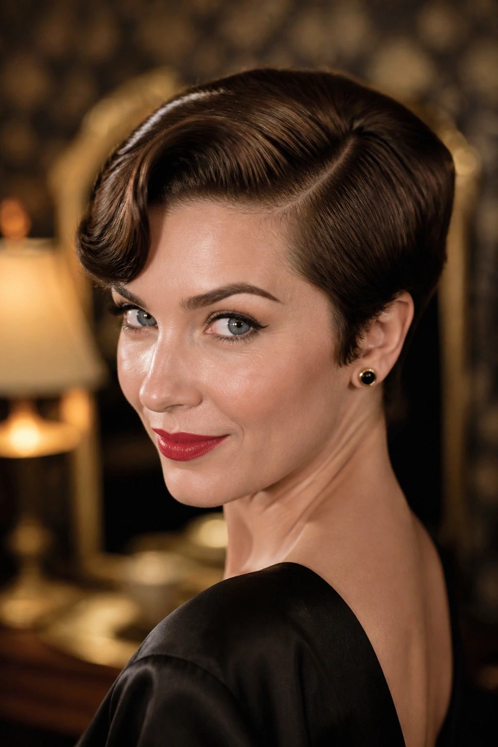 Close-up of a real woman with deep side-part pixie and soft wave.