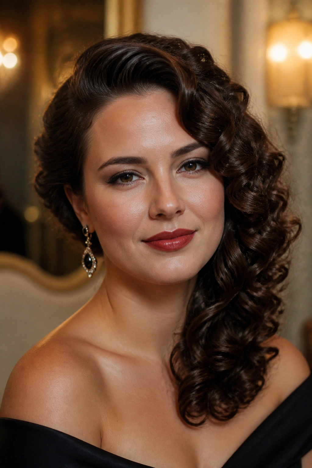 Close-up of a real woman with an Old Hollywood side-sweep curly hairstyle