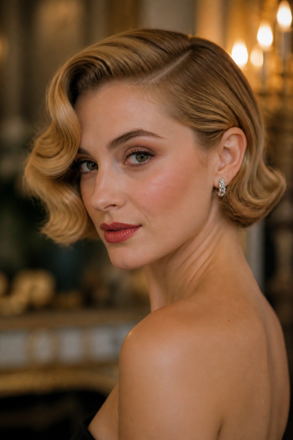 Close-up of a real woman with an old-Hollywood side-swept bob in warm ambience