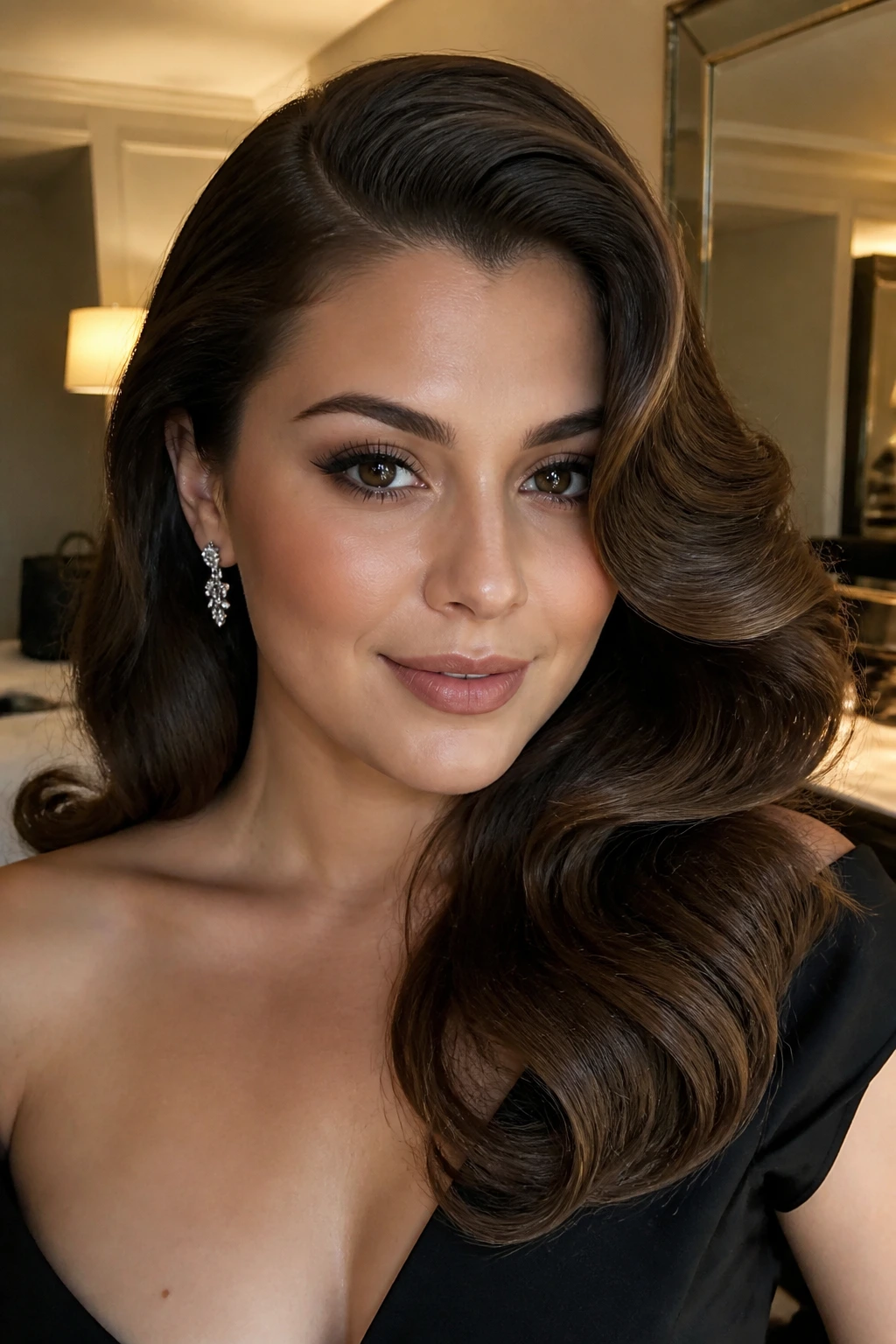 Close-up of a real woman with old-Hollywood side-swept waves and a deep side part