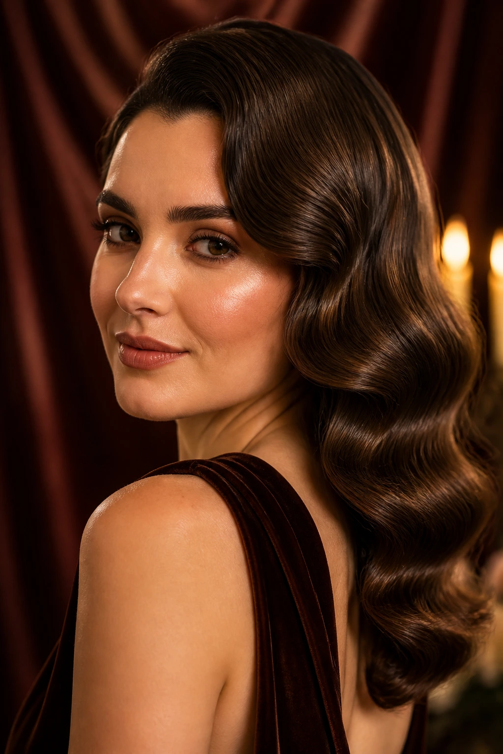 Close-up of a woman with warm cocoa old Hollywood waves
