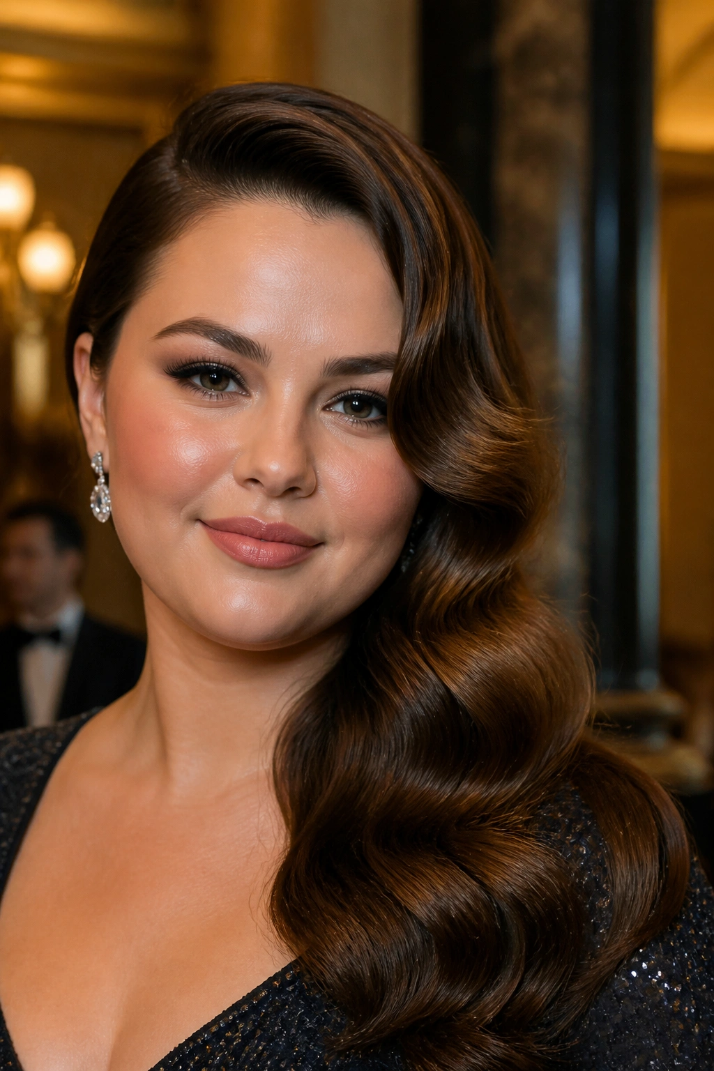 Portrait of a real woman with Old Hollywood waves and a side part.