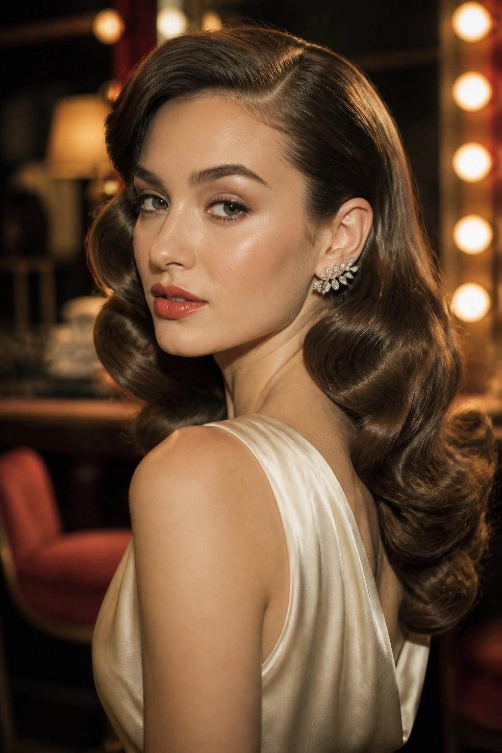 Real woman with vintage glossy waves and tucked hair behind ear in backstage setting.