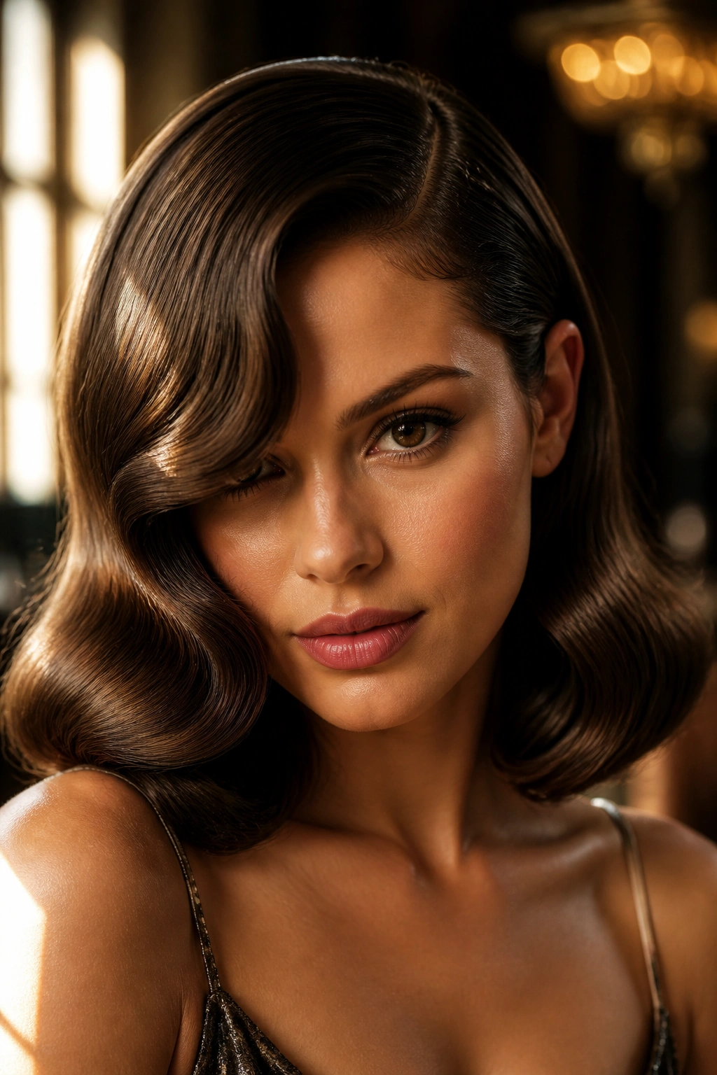 Real woman with deep side-part Old-Hollywood waves on medium-length hair in warm light