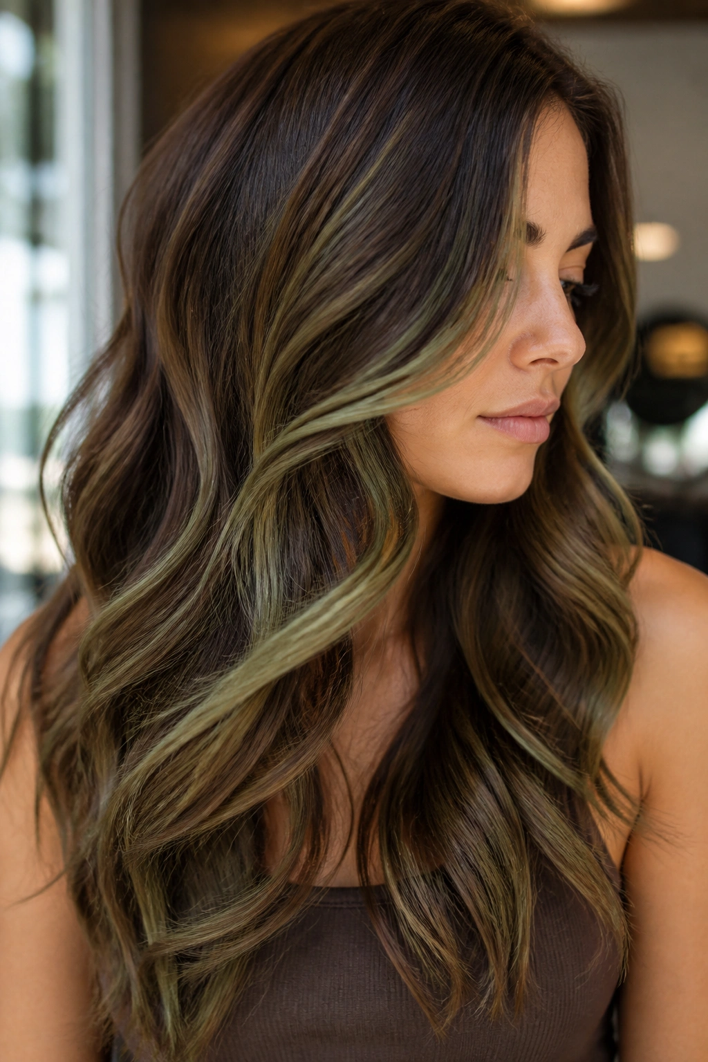 Chestnut hair with olive ribbon balayage seen in a close portrait
