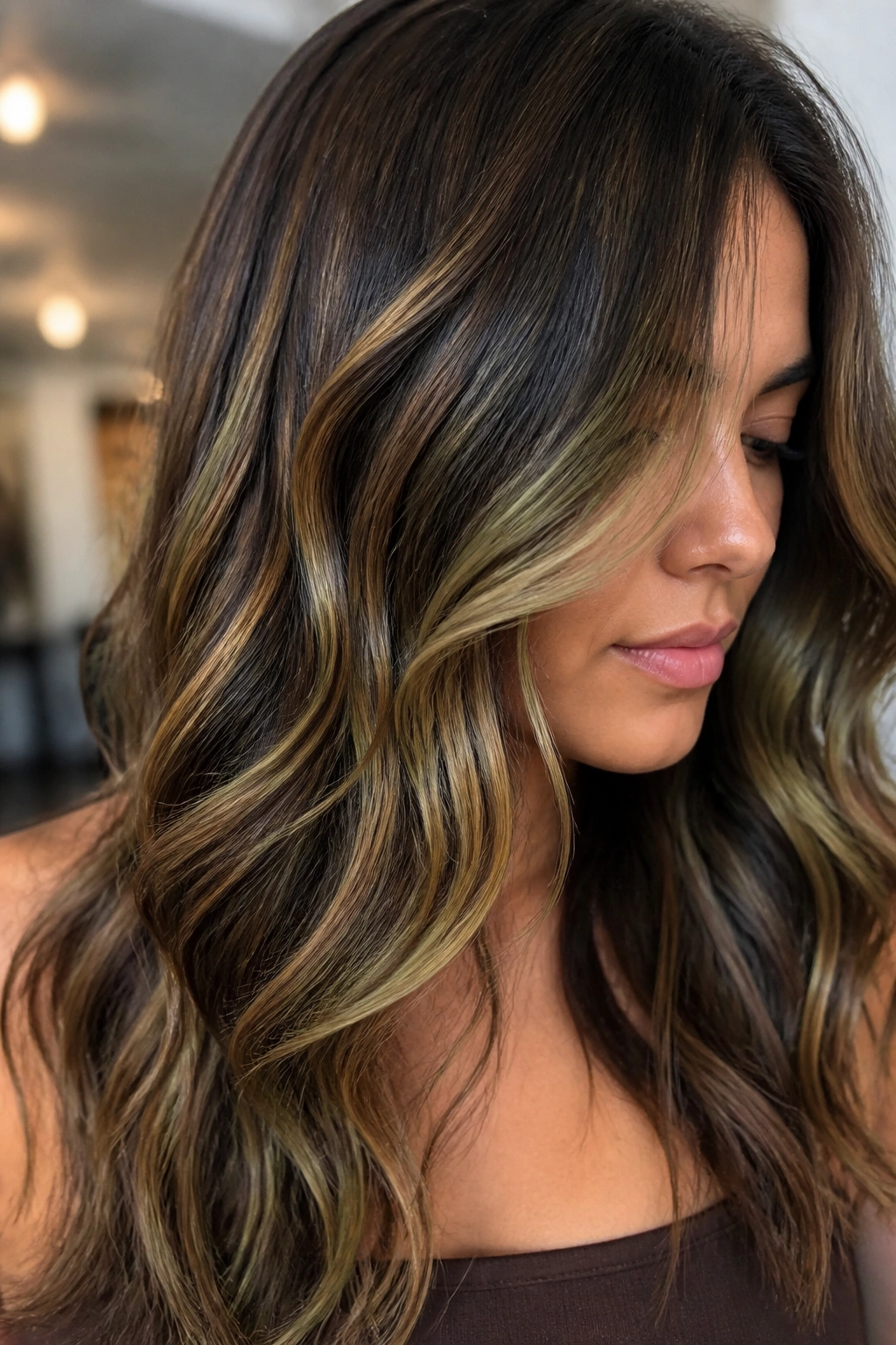 Warm brunette with olive and gold dimension highlights