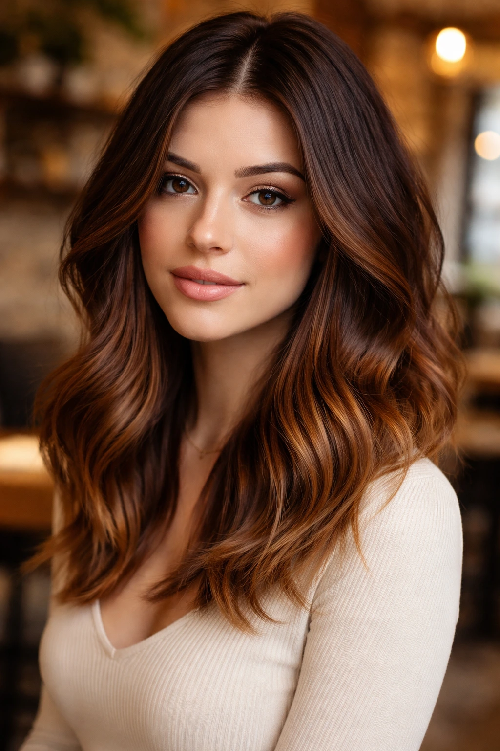 Portrait of a woman with spiced cider auburn ombre coloring