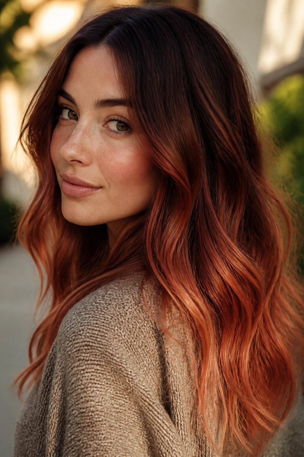 Close-up of a real person showing a dark root to auburn to strawberry ombre hairstyle