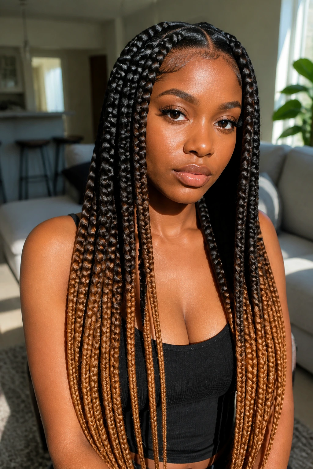 Ombre Big Box Braids with dark roots to caramel ends on real woman