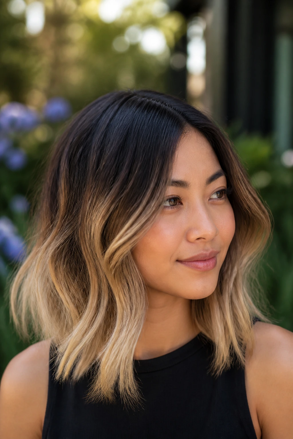 Close-up of a real woman with black-to-blonde ombré on a long bob
