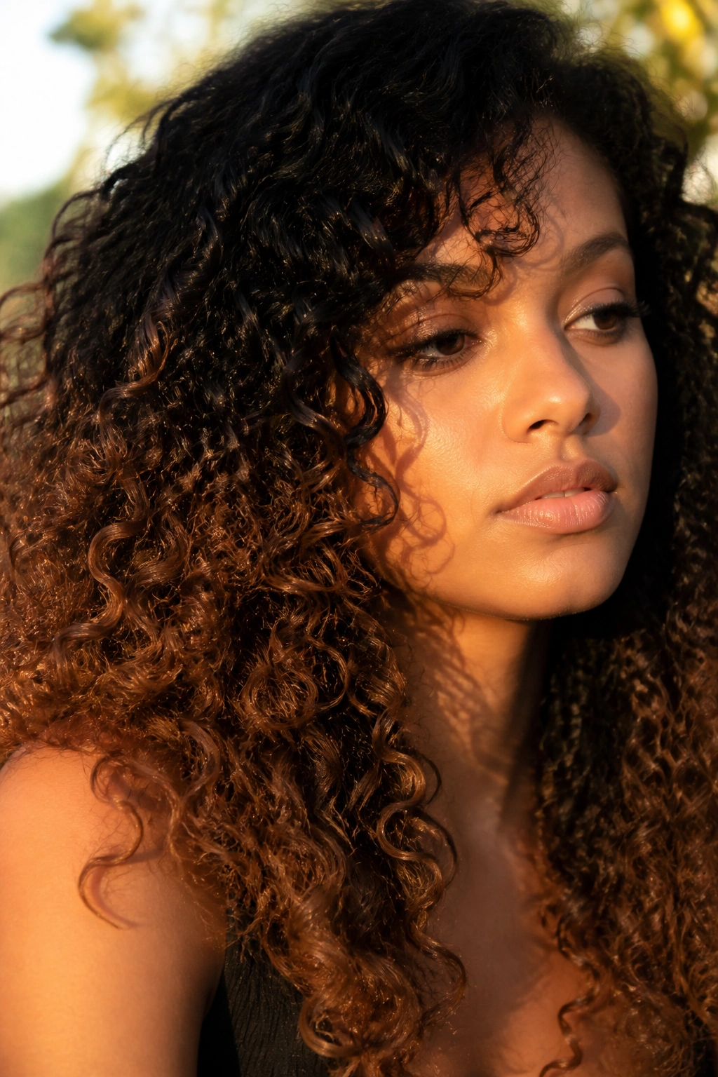 Real person with black roots fading to dark brown ends in curly hair