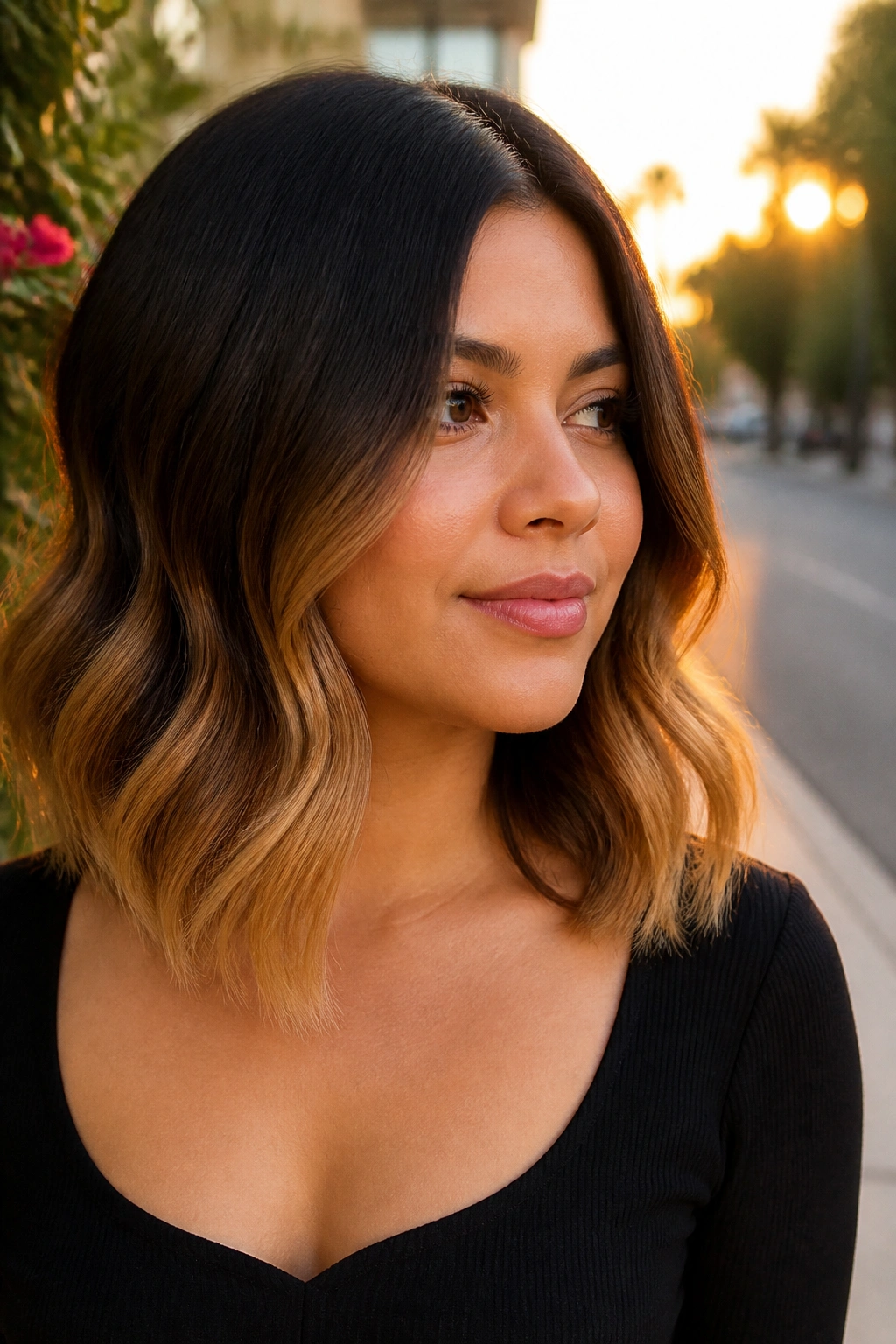 Real person sporting a black-to-caramel ombré with a soft fade, face framed by gradient hair.