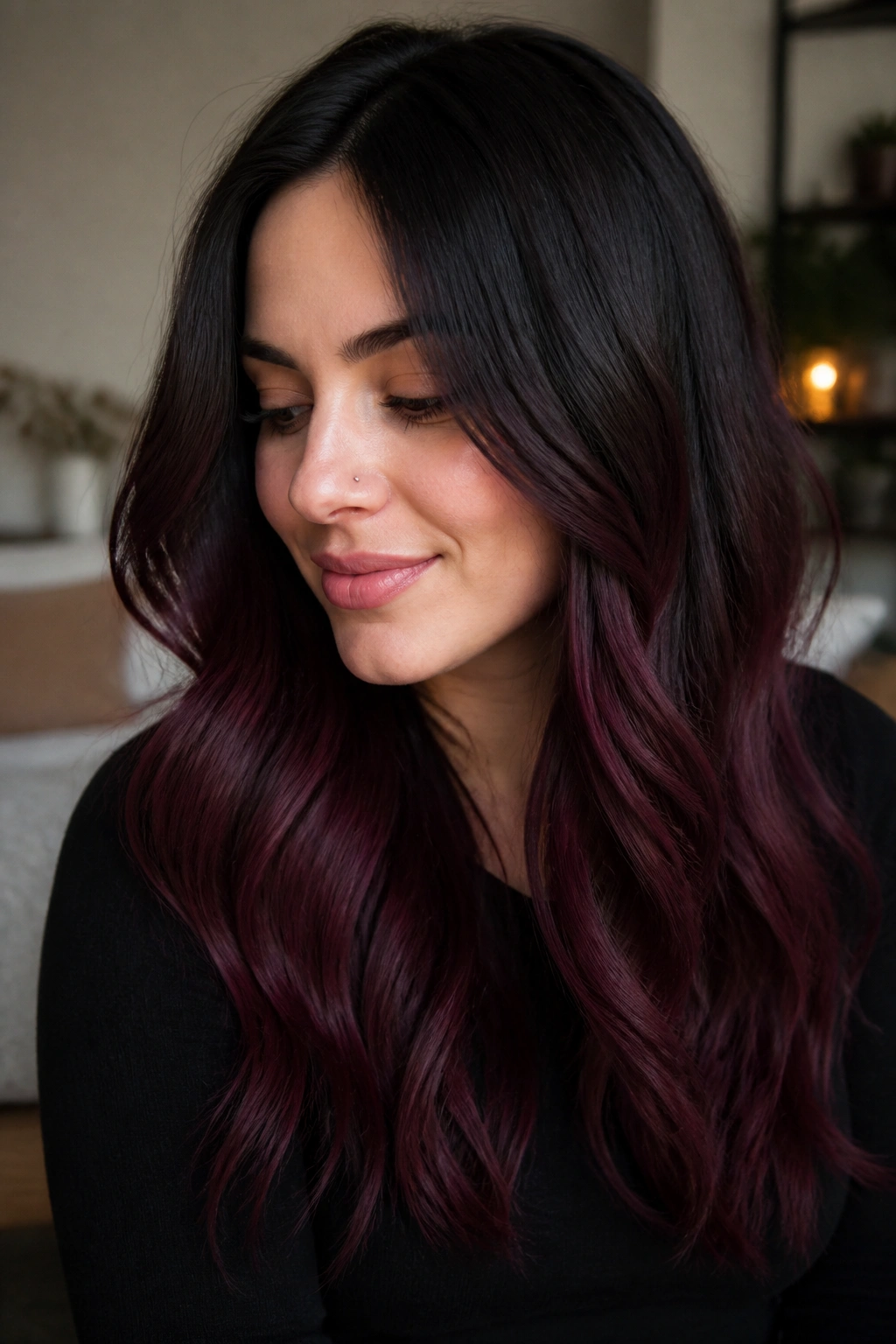 Portrait of a real woman with soft black roots and black cherry ombre