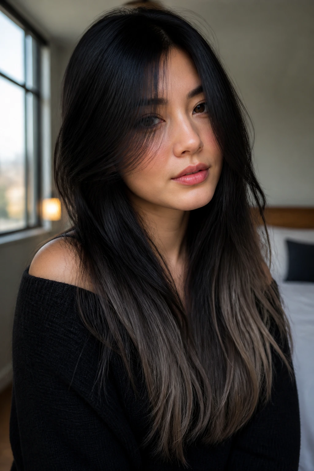 Close-up portrait of a woman with midnight black ombre fade