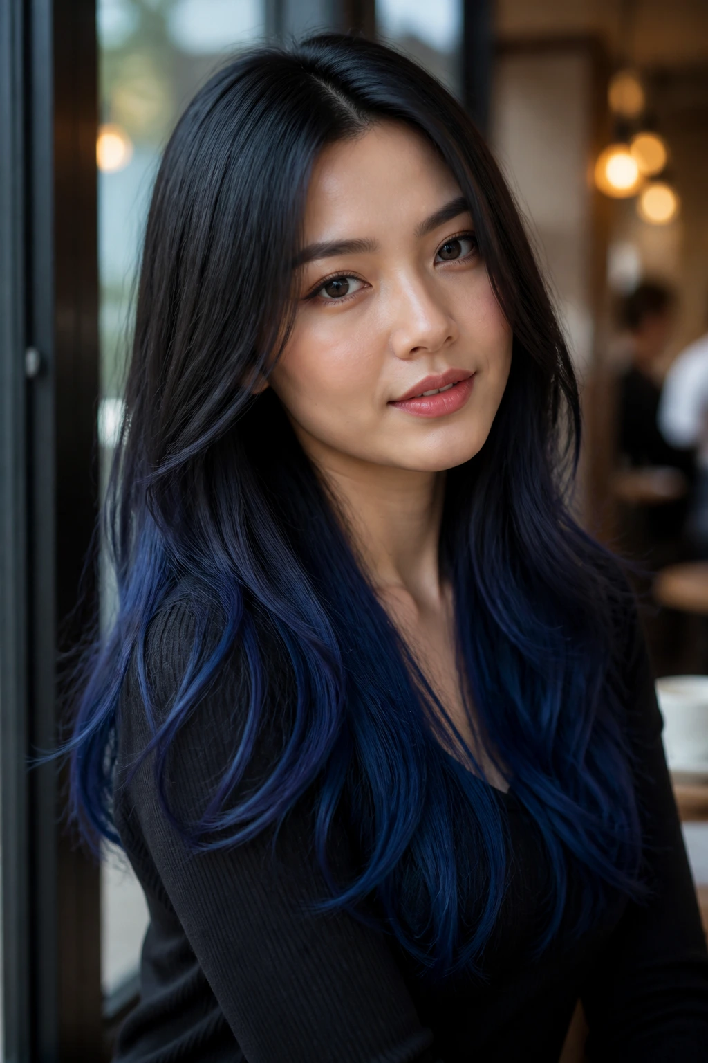Portrait of a person with blue-black to navy ombré hair.