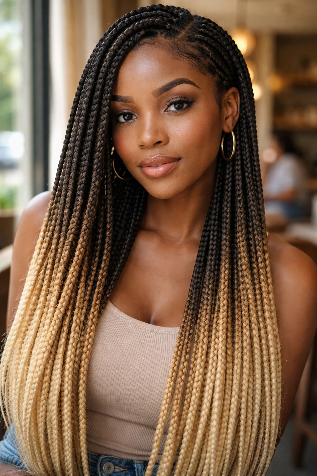 Close-up of a real woman with ombré box braids showing root-to-tip gradient