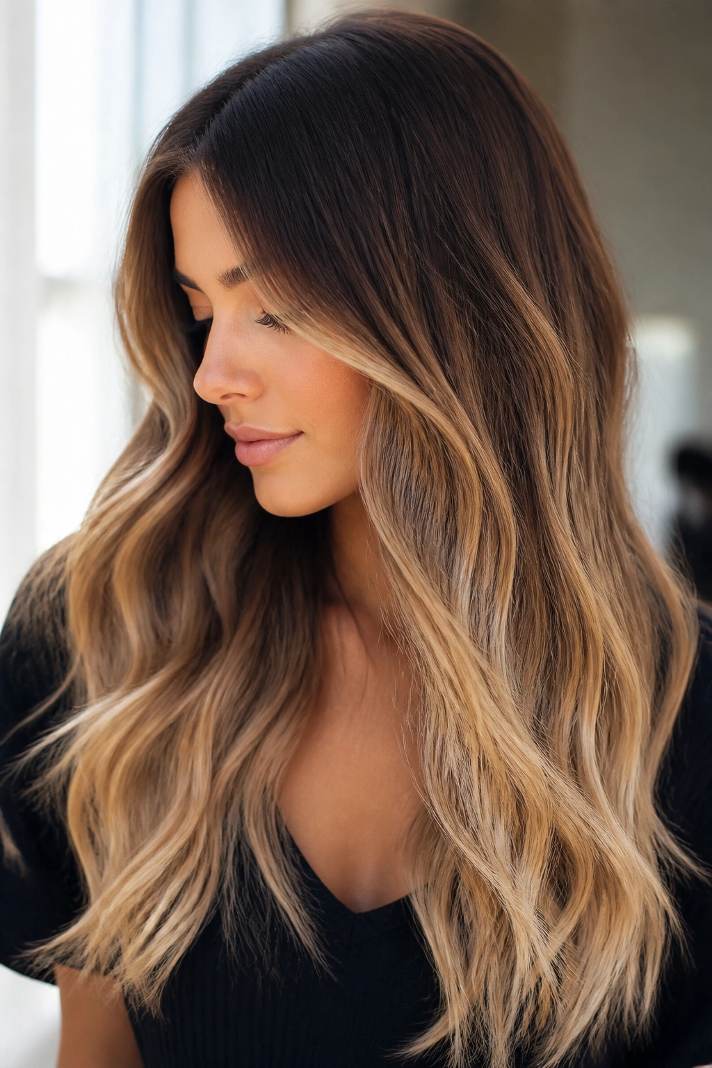 Real woman with soft brunette-to-blonde ombré from roots to ends.