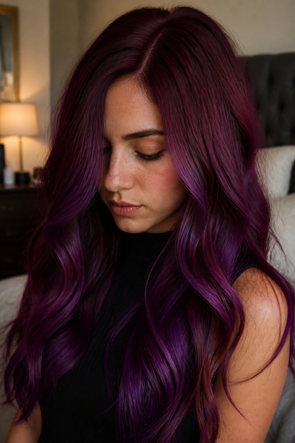 Close-up portrait of a woman with burgundy roots and violet ribbons ombre hair.