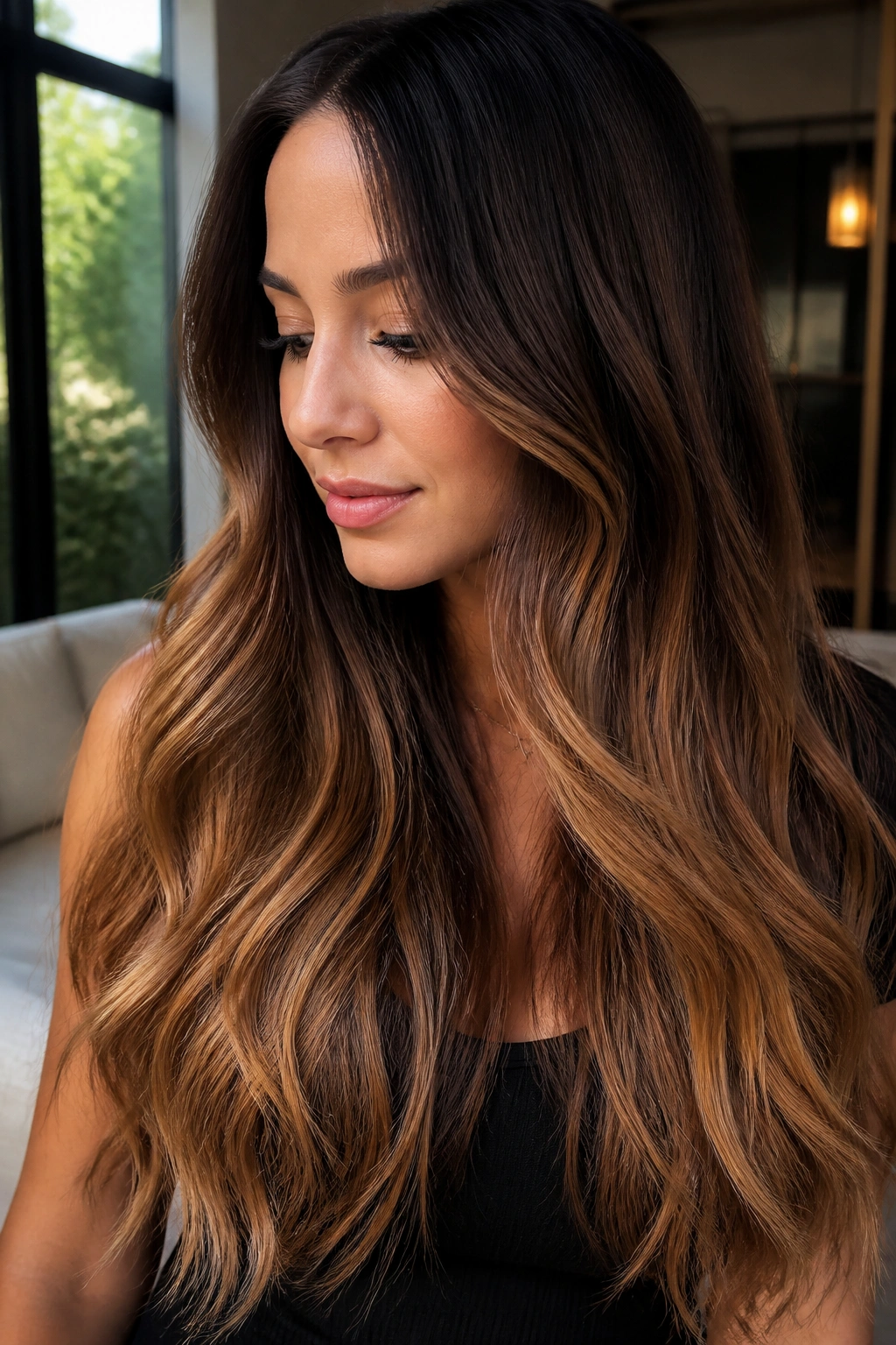 Long brunette with soft ombre caramel melt hair