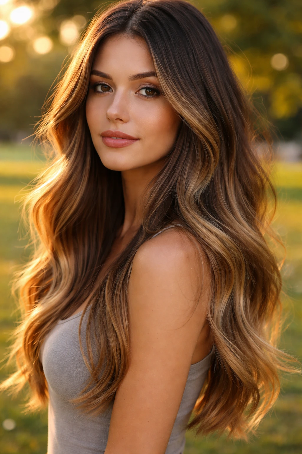 Close-up of a real woman with sun-kissed caramel ombré on brown hair