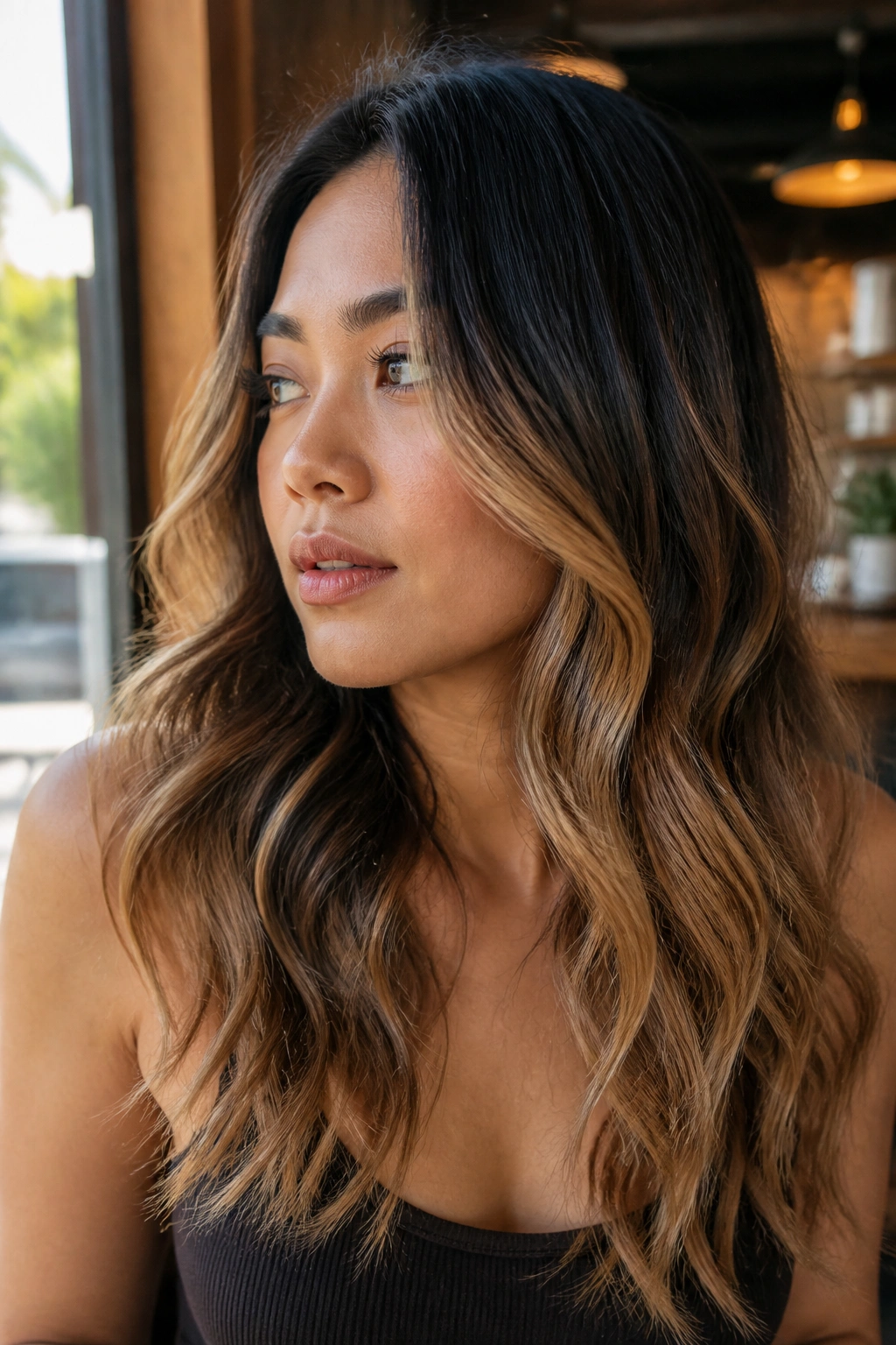 Close-up of a real woman with dark roots and sunlit caramel ends in an ombre.
