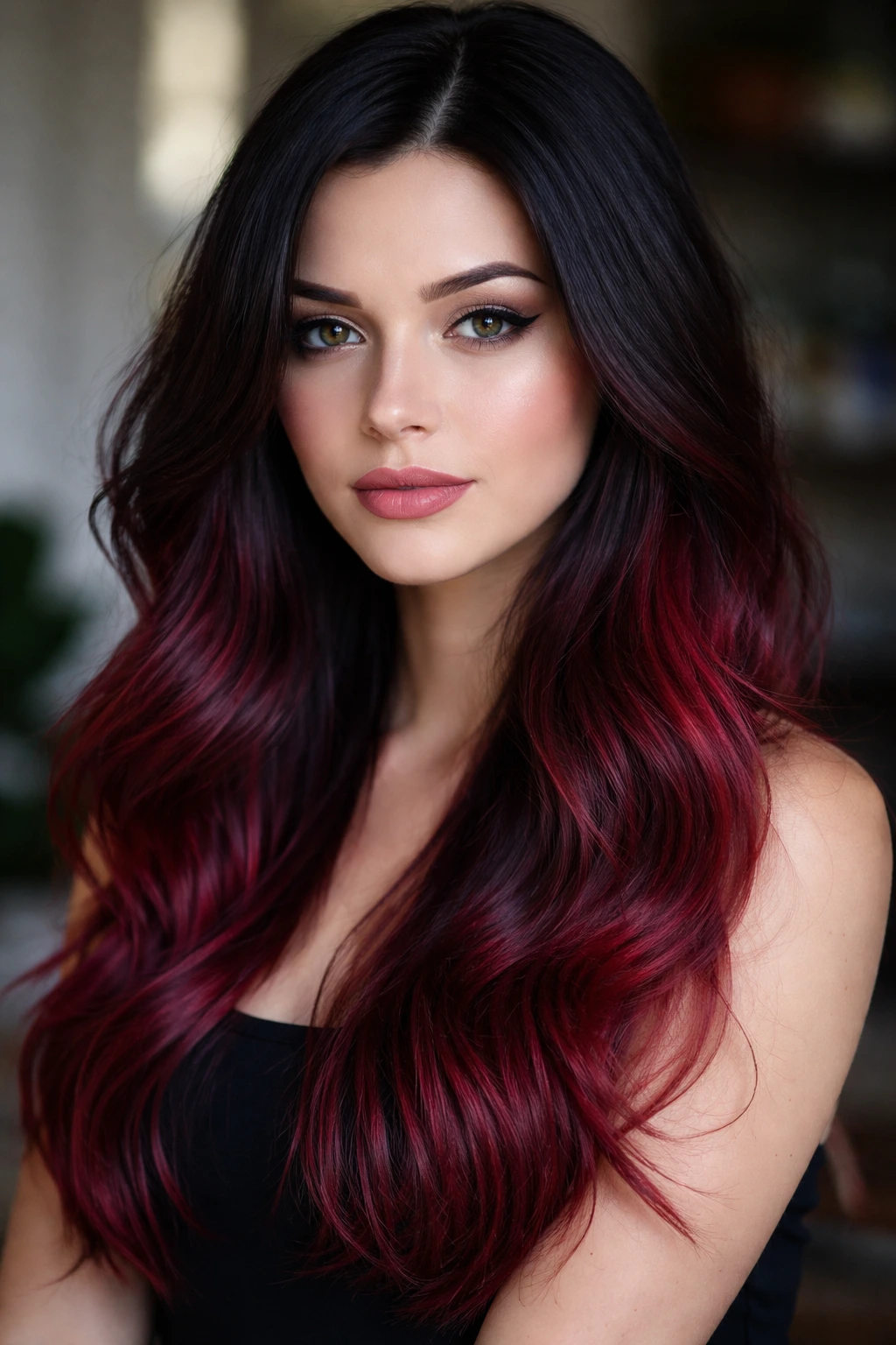 Close-up of melted midnight cherry ombré from dark roots to ends