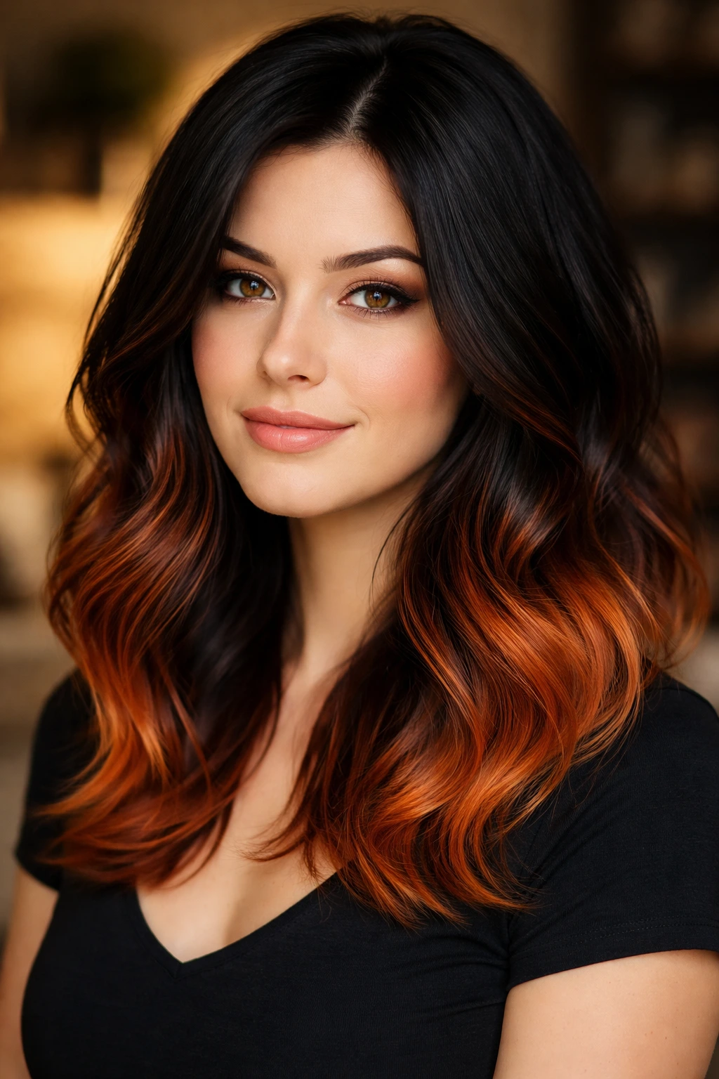 Close-up portrait of a real woman with Black to Copper Sunset ombre from black roots to copper ends.