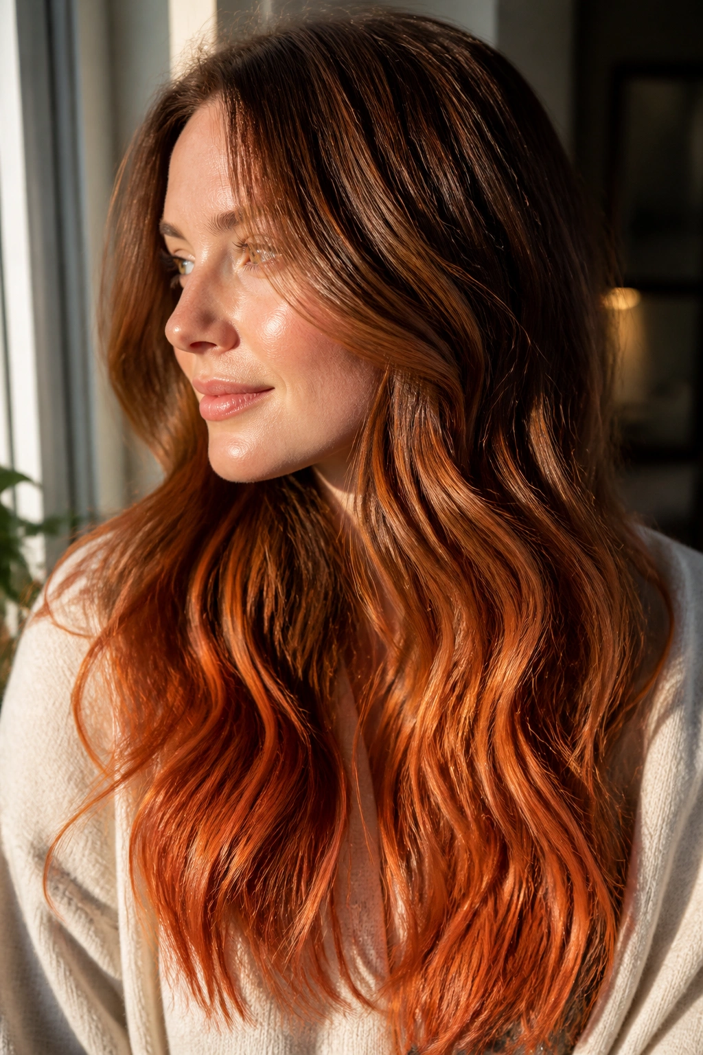 Close-up of a real person with golden brown to copper penny ombre.