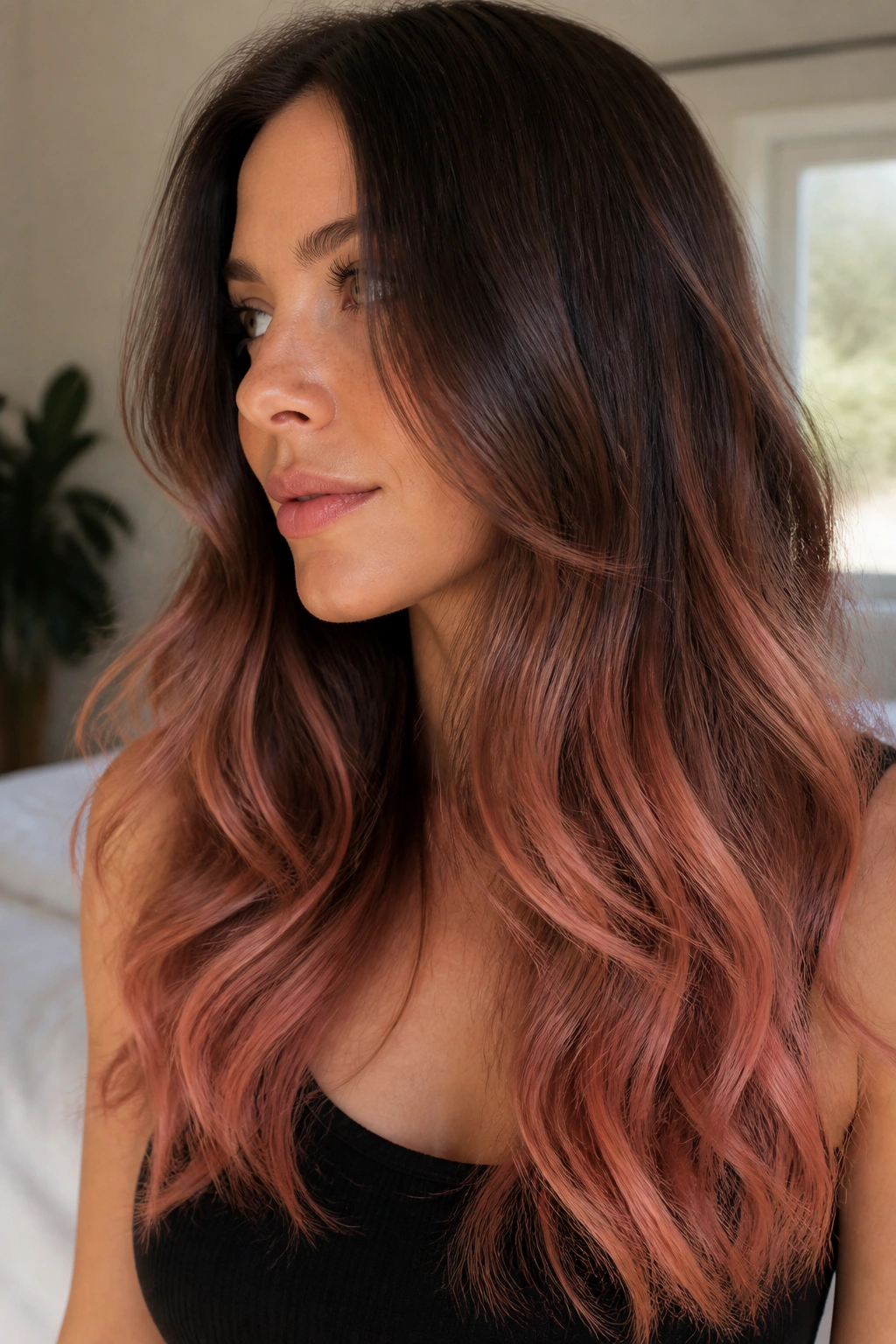Close-up of dark brown hair fading to copper-pink ends