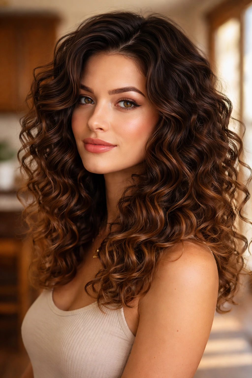 Close-up of a real person with brunette ombre curls and soft ends