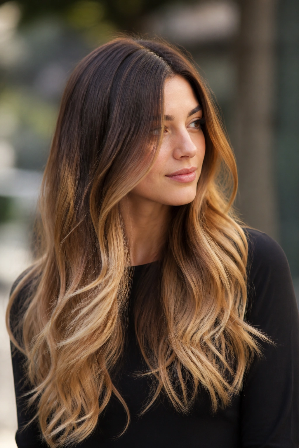 Dark brown roots fading to honey blonde ends in ombré