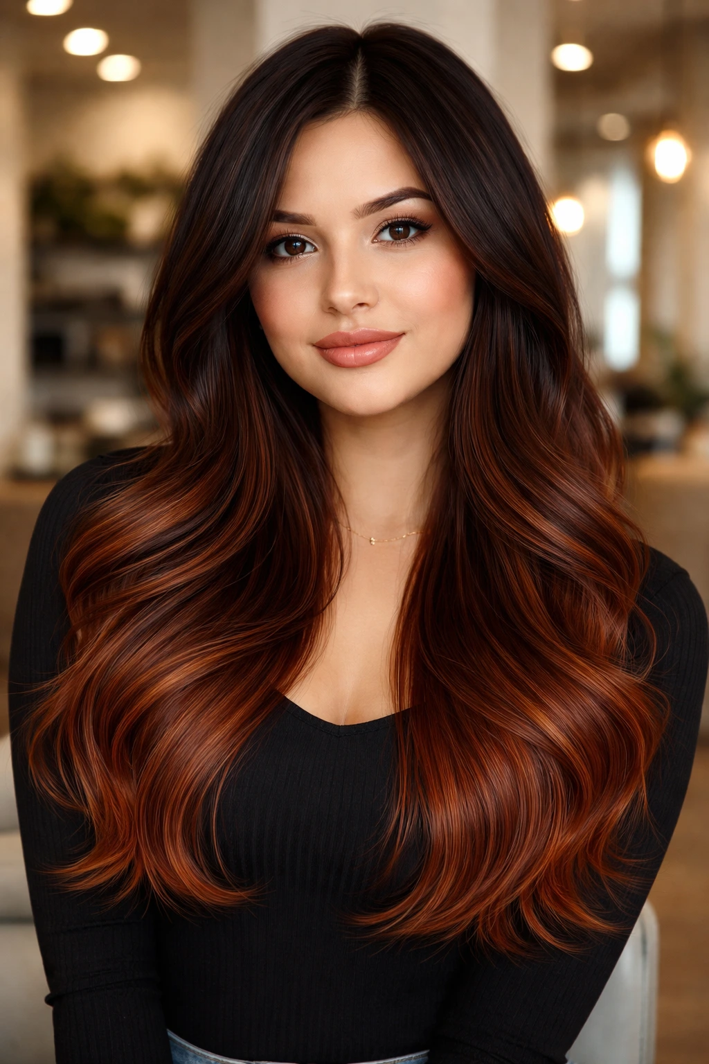 Close-up of hair with caramel-red ombre ends.
