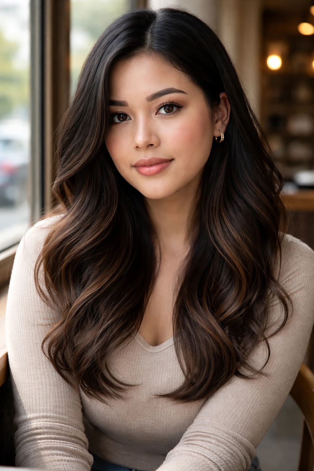 Close-up portrait of a real person with Subtle Black to Espresso ombre from black to espresso.