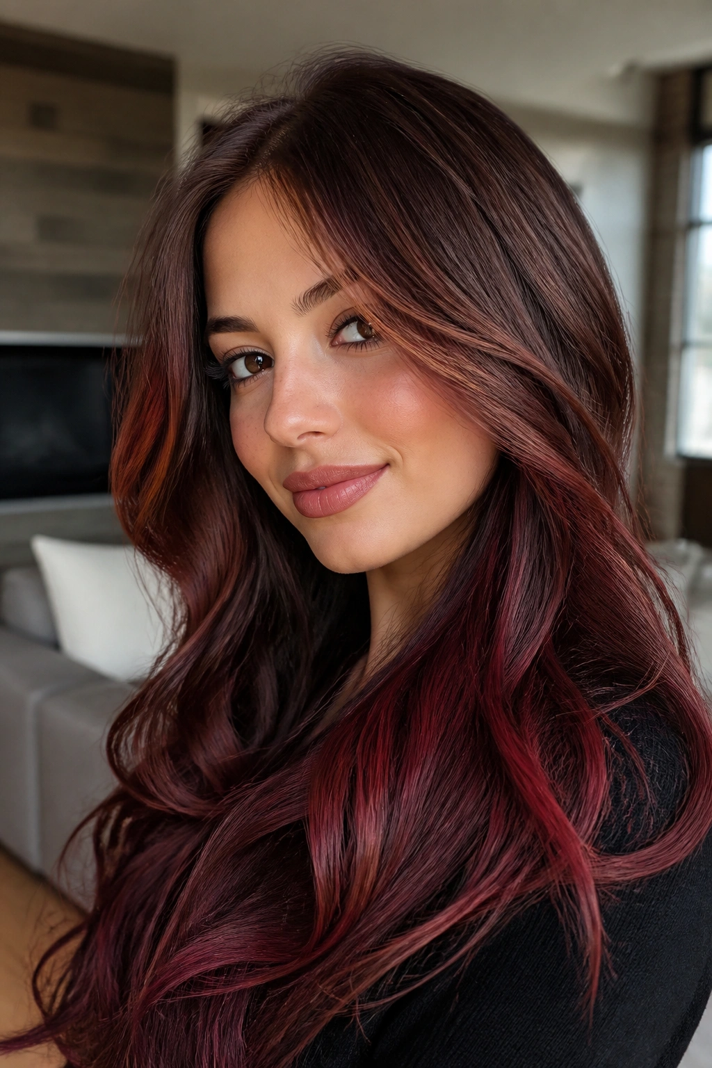 Close-up portrait of a real person with almond brown to garnet ombre.