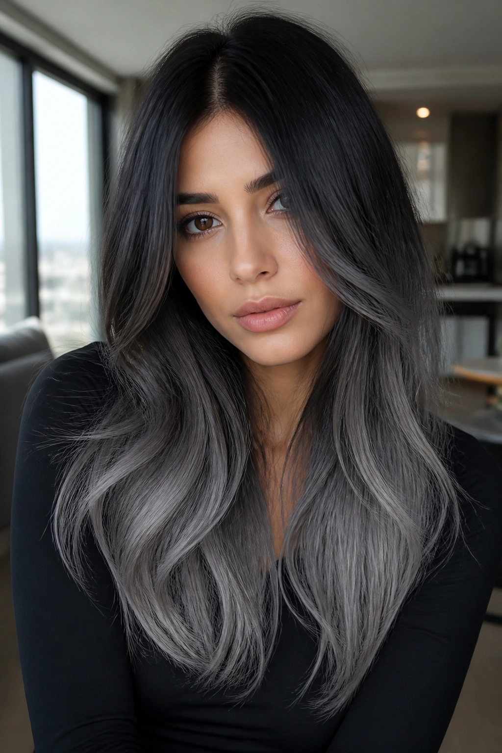 Close-up of real person with midnight to graphite gradient hair