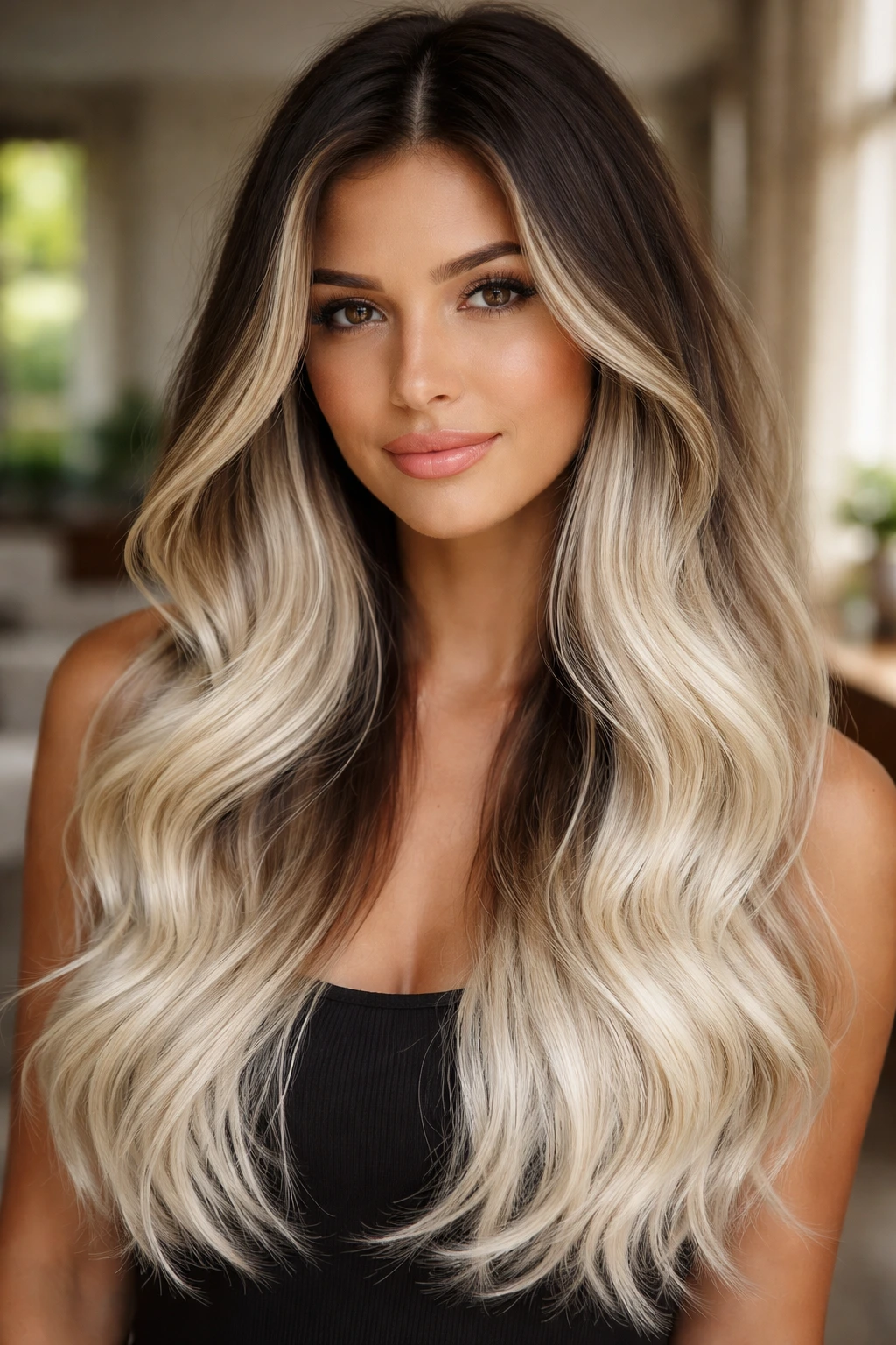 Close-up of a real woman with a bright white ombré blend from dark roots to white ends