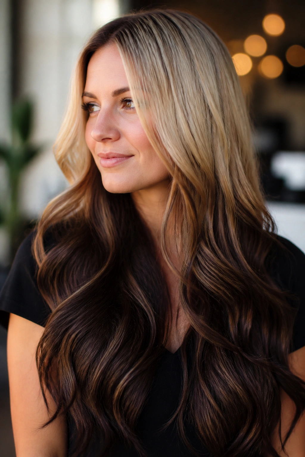 Close-up of long hair with blonde to brunette reverse ombre on a real person.