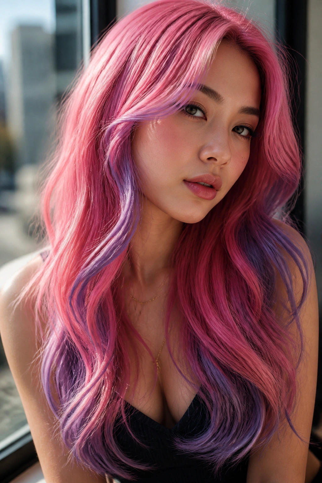 Close-up of a real woman with bubblegum pink face-framing ends and purple tips on long hair