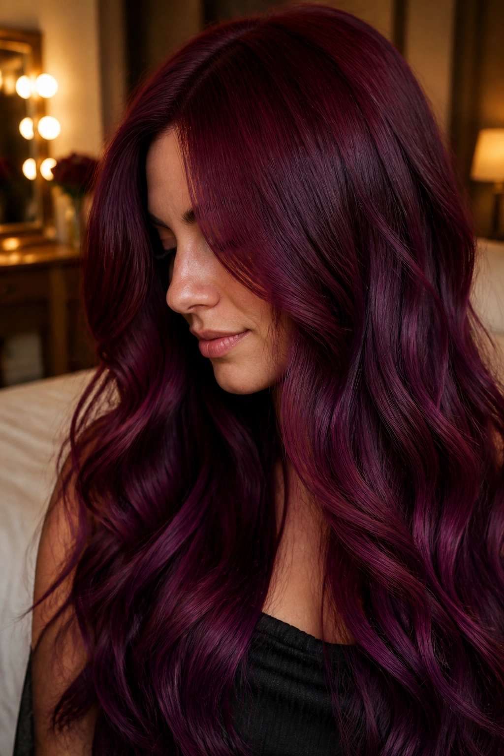 Close-up of burgundy to plum wine ombre on long hair