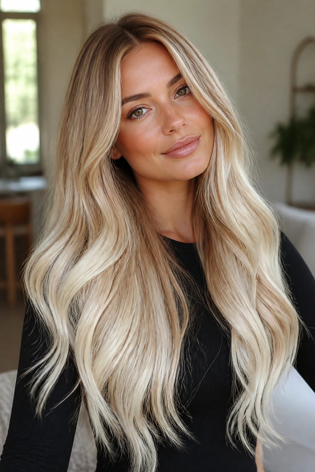 Close-up of long hair with champagne blonde to cream ombre on a real person.