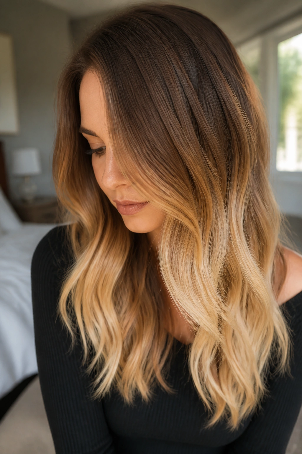 Close-up portrait of a real woman showing cinnamon brown roots fading to vanilla blonde mid-length sweep in soft window light