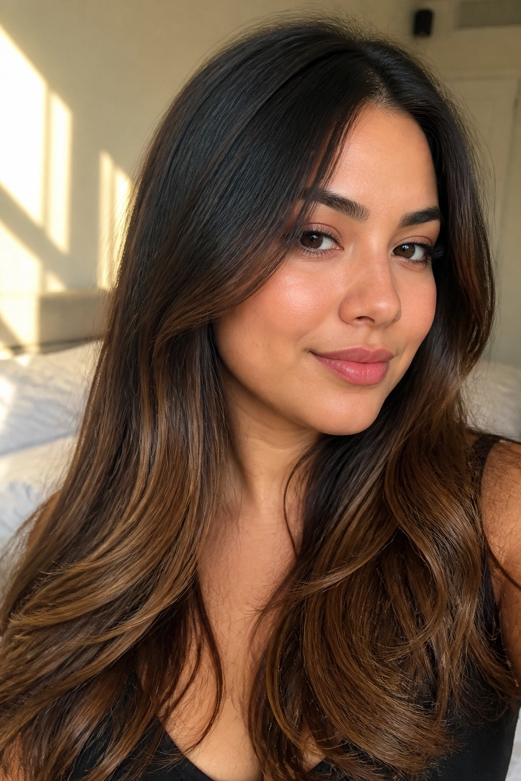 Close-up of a real person with black-to-cocoa soft ombré hair framing the face